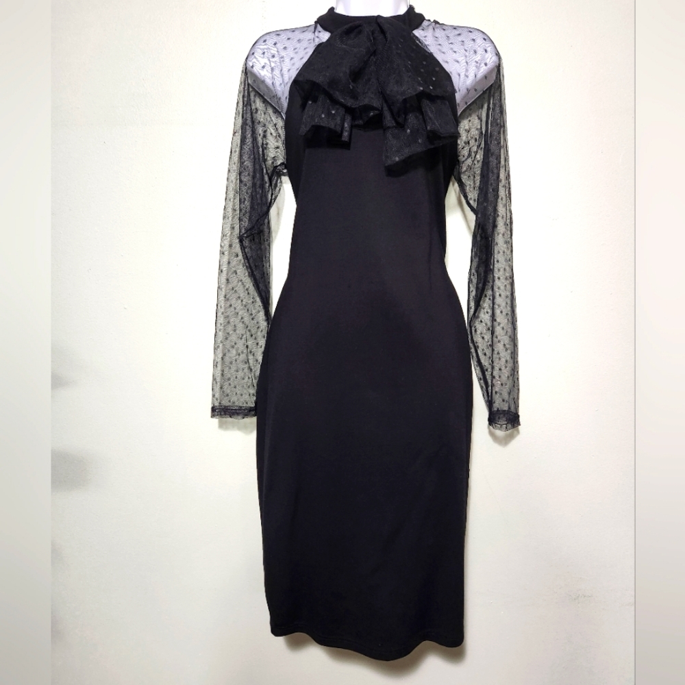 Black midi dress with mesh sleeves and bow